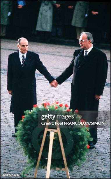 Francois Mitterrand and Helmut Kohl on December 22, 1984 in Verdun,France .