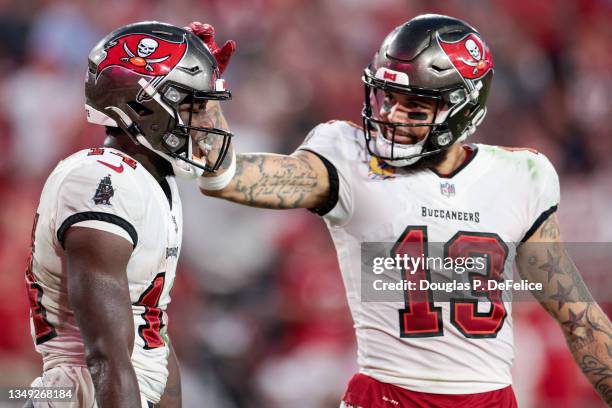 Chris Godwin and Mike Evans of the Tampa Bay Buccaneers react during the fourth quarter against the Chicago Bears at Raymond James Stadium on October...