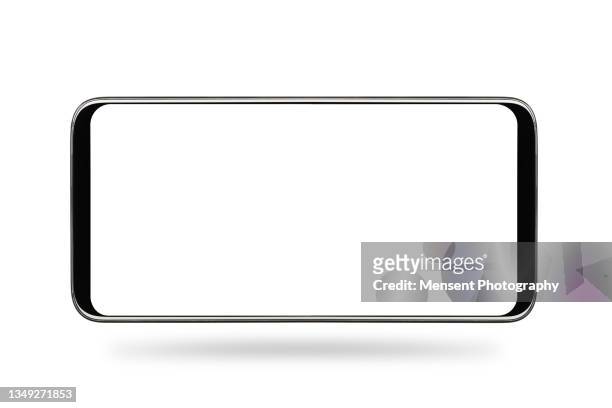 mobile phone isolated mockup with white screen isolated on white background in horizontal - horizontal stock pictures, royalty-free photos & images