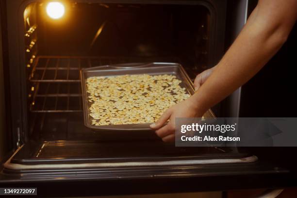 close up of a baking sheet full of pumpkin seeds being placed in a oven - pumpkin seed stock pictures, royalty-free photos & images