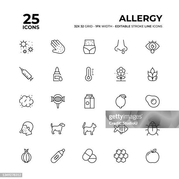 illustrazioni stock, clip art, cartoni animati e icone di tendenza di set di icone della linea allergia - allergia