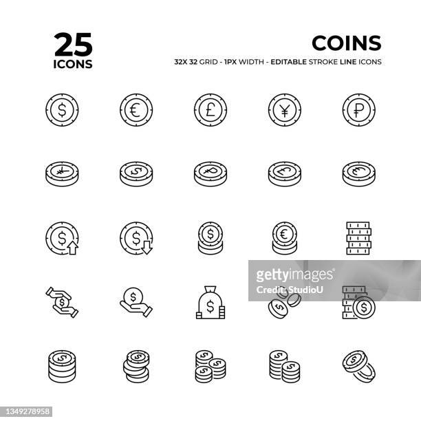 coins line icon set - european union currency stock illustrations