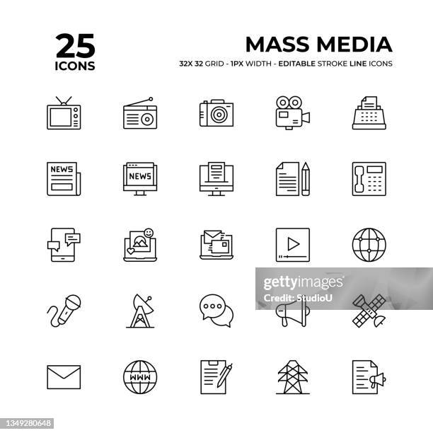 ilustrações, clipart, desenhos animados e ícones de conjunto de ícones da linha de mídia de massa - studio camera