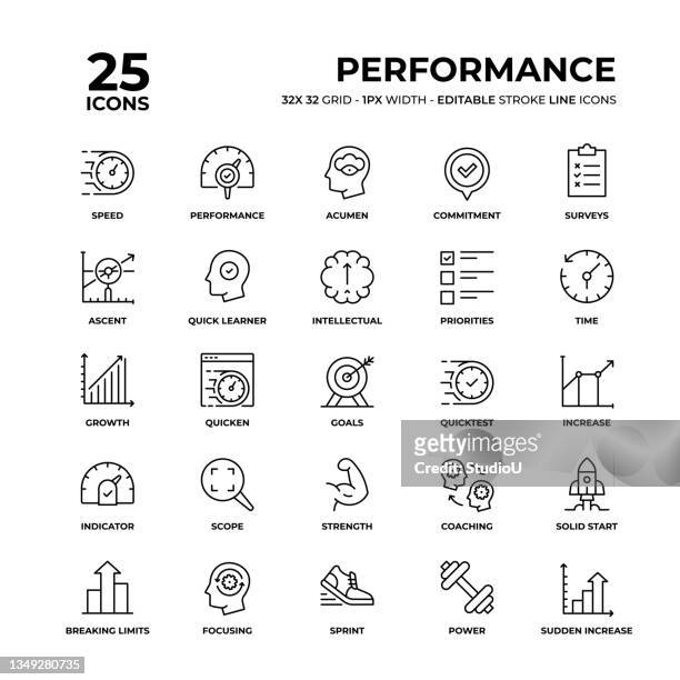 performance line icon set - learning objectives icon stock illustrations