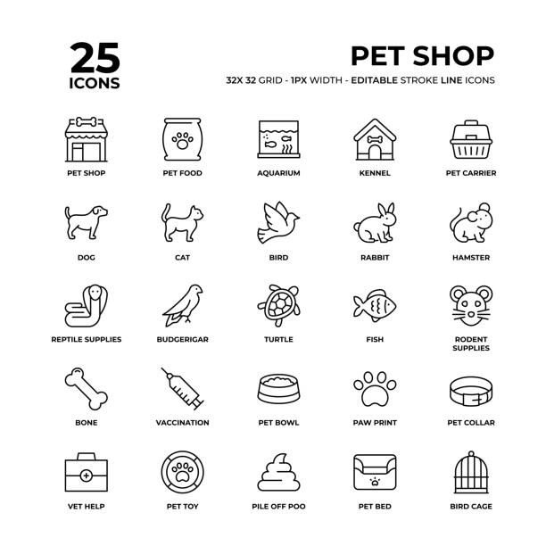 pet shop line icon set - zoo art stock illustrations