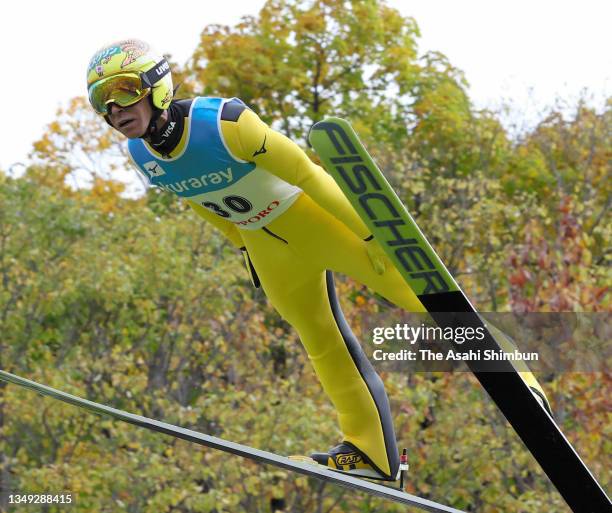 Noriaki Kasai competes in the Men's during the 100th All Japan Ski Championship - Ski Jumping Normal Hill at Miyanomori Jump Stadium on October 22,...