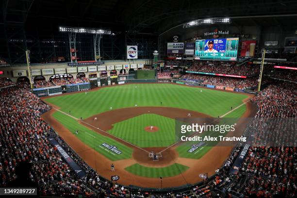 Framber Valdez of the Houston Astros delivers the first pitch against the Atlanta Braves during the first inning in Game One of the World Series at...