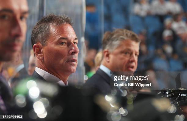 Head coach Bruce Cassidy of the Boston Bruins watches the action against the Buffalo Sabres during an NHL game on October 22, 2021 at KeyBank Center...