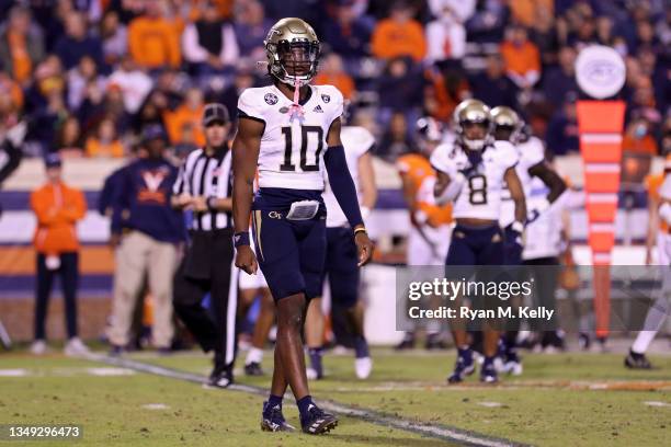 Jeff Sims of the Georgia Tech Yellow Jackets looks to the sideline during a game against the Virginia Cavaliers at Scott Stadium on October 23, 2021...