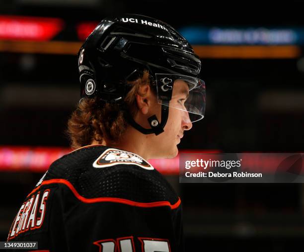 Trevor Zegras of the Anaheim Ducks looks on during warm ups prior to the game against the Winnipeg Jets at Honda Center on October 26, 2021 in...