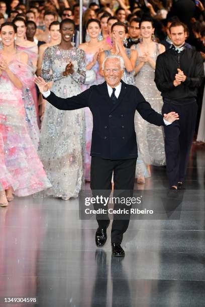 Italian fashion designer Giorgio Armani walks the runway during the Giorgio Armani "One Night Only Dubai" fashion show at the Armani Hotel Dubai on...