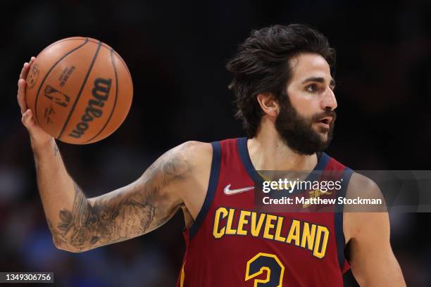 Ricky Rubio of the Cleveland Cavaliers plays the Denver Nuggets at Ball Arena on October 25, 2021 in Denver, Colorado. NOTE TO USER: User expressly...