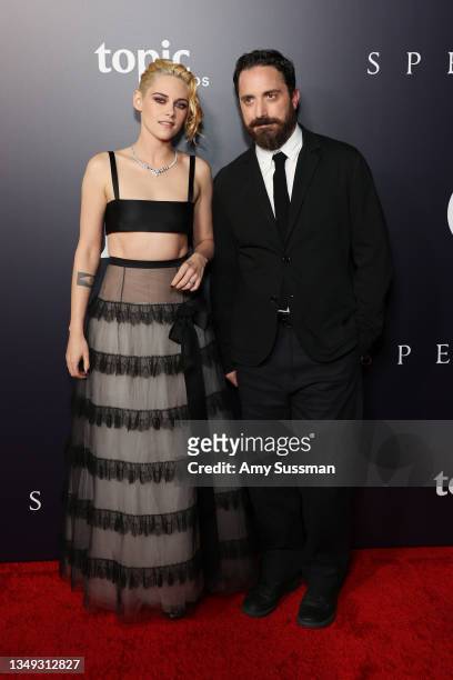 Kristen Stewart and director Pablo Larrain attend the Los Angeles premiere of Neon's "Spencer" at DGA Theater Complex on October 26, 2021 in Los...