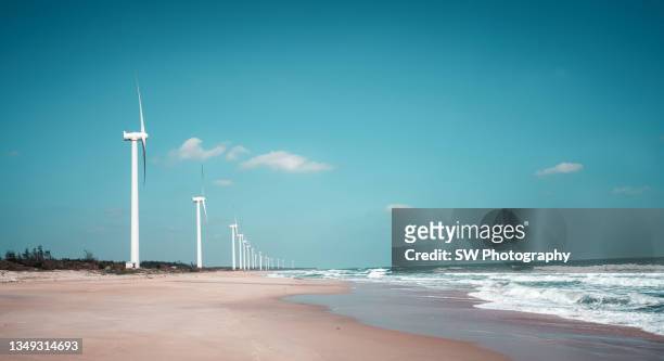 drone photo of wind farm by the sea in wenchang city, china - wenchang stock pictures, royalty-free photos & images