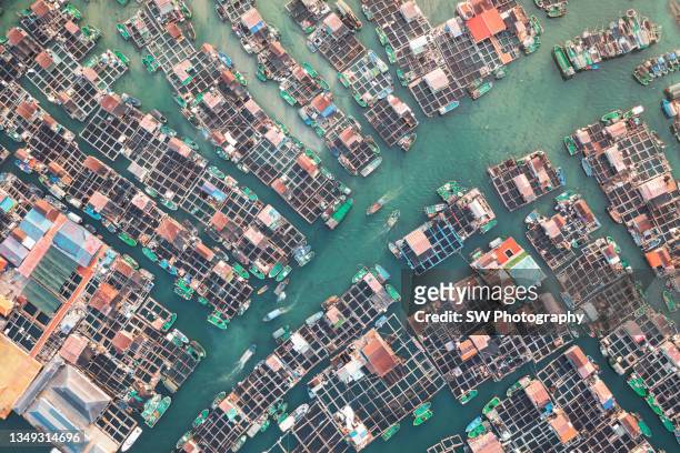 drone photo of fishing production field by the sunset - hainan island stock pictures, royalty-free photos & images