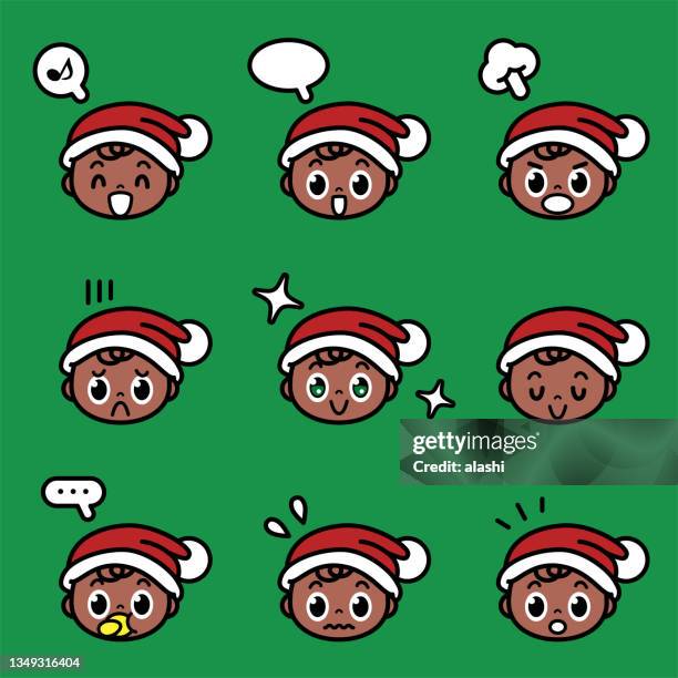 ilustraciones, imágenes clip art, dibujos animados e iconos de stock de conjunto de iconos navideños de un lindo bebé o niña con un sombrero de papá noel con nueve expresiones faciales en tonos pastel de color - santa face