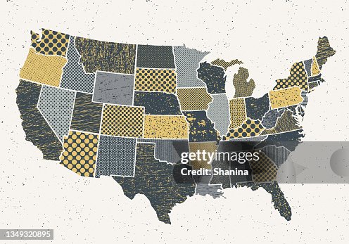 Random State Borders Usa States Map With Random Grunge Textures Colored High-Res Vector ...