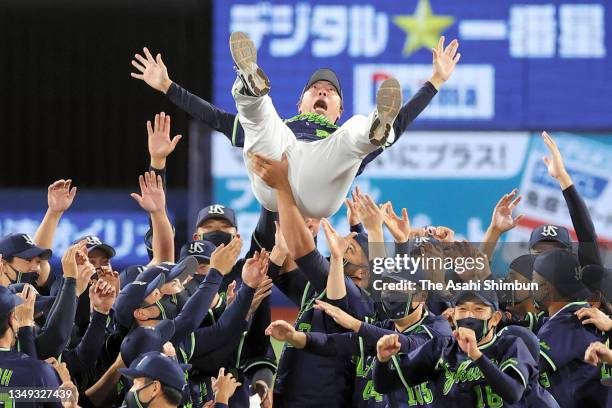 Head coach Shingo Takatsu of Yakult Swallows is tossed into the air as they celebrate the Central League champions after the 5-1 victory against...