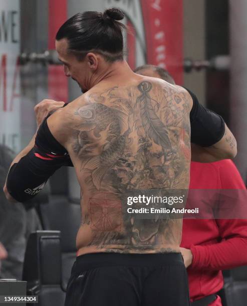 The tattooed back of Zlatan Ibrahimovic of AC Milan is seen during the Serie A match between AC Milan and Torino FC at Stadio Giuseppe Meazza on...