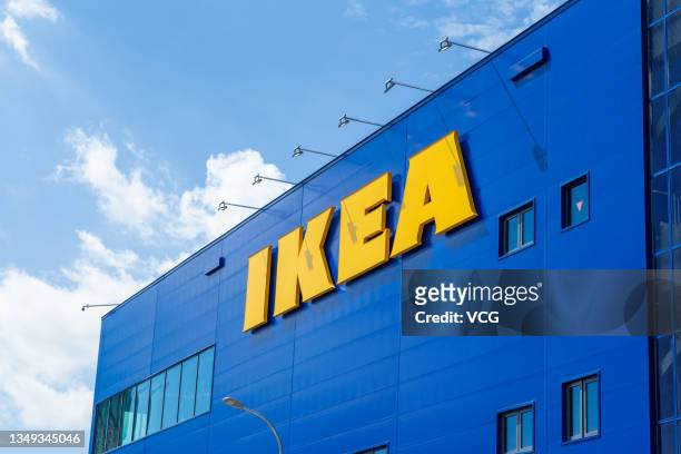 The IKEA logo is pictured at the first IKEA store in Kunming on October 26, 2021 in Kunming, Yunnan Province of China. IKEA will officially open its...