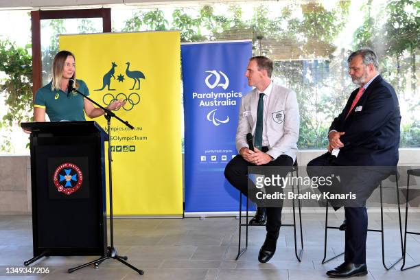 Brooke Hanson OAM speaks with Ken Wallace and Tim Carmody speak during the Parliamentary Friends of the Olympic and Paralympic Movement event at...