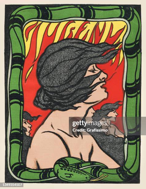 strong woman with snake art nouveau illustration 1897 - art nouveau stock illustrations