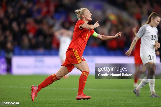 Sophie Ingle of Wales celebrates scoring her team's fourth goal during the FIFA Women's World Cup 2023 Qualifier group I match between Wales and...