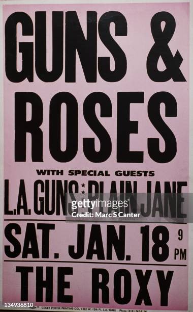 Poster for rock band "Guns n' Roses" concert with LA Guns and Plain Jane on at the Roxy Theatre on Saturday, January 18, 1986 in Los Angeles,...