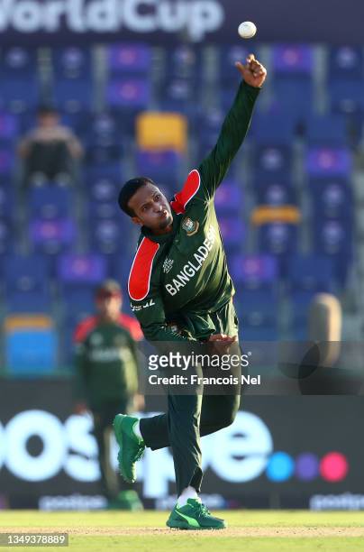 Shakib Al Hasan of Bangladesh in bowling action during the ICC Men's T20 World Cup match between England and Bangladesh at Sheikh Zayed stadium on...