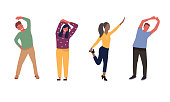 Stretching at the workplace of office workers. A set of vector illustrations of men and women doing exercises during a work break.
