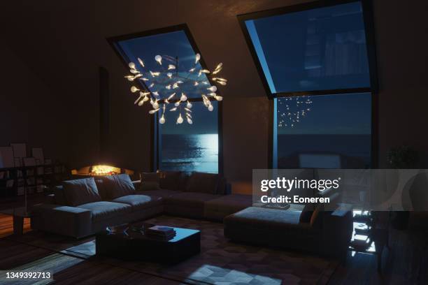 living room interior with sea view at night - moonlight stock pictures, royalty-free photos & images