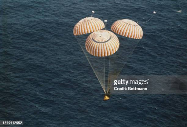 The Apollo 16 spacecraft carrying astronauts John Young, Thomas K Mattingly II, and Charles M. Duke Jr descended to a safe splashdown in the Pacific...