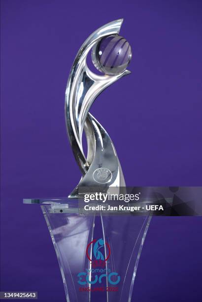 Detailed view of the UEFA Women's Euro trophy on display ahead of UEFA Women's EURO 2022 Final Draw on October 27, 2021 in Manchester, England.