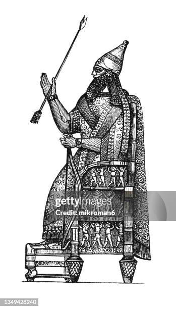 old engraved illustration of assyrian-babylonian antiquities - king on the throne - anadolu stock pictures, royalty-free photos & images