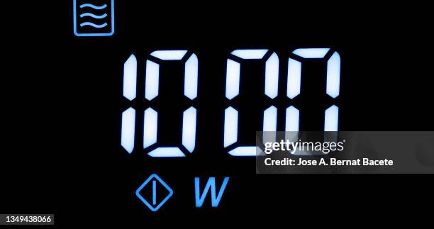 front timer of the microwave oven with the numbers of the power. - digital countdown stock-fotos und bilder