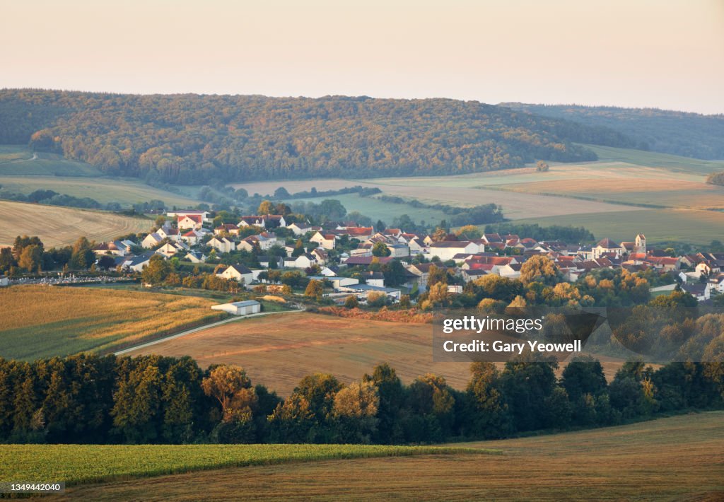 Rural landscape and village in Champagne region of France