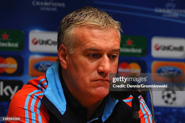 Head coach Didier Deschamps of Marseille reacts during a press conference ahead of their UEFA Champions League group F match against Borussia...