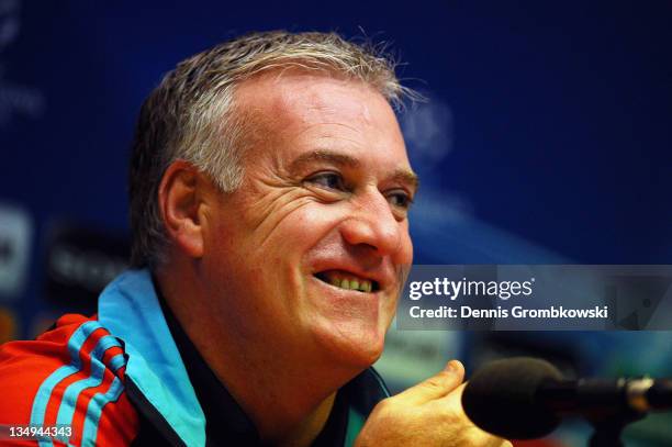 Head coach Didier Deschamps of Marseille smiles during a press conference ahead of their UEFA Champions League group F match against Borussia...