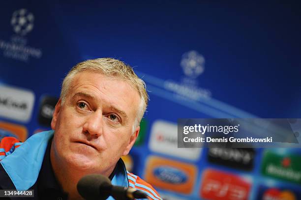 Head coach Didier Deschamps of Marseille reacts during a press conference ahead of their UEFA Champions League group F match against Borussia...