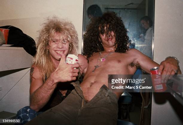 Steven Adler and Slashn of the rock group 'Guns n' Roses' backstage at the Santa Monica Civic Auditorium after opening for Ted Nugent on August 30,...