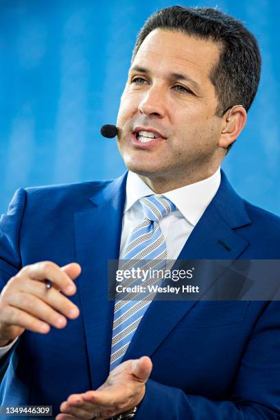 Analyst Adam Schefter on tv broadcast before a game between the Buffalo Bills and the Tennessee Titans at Nissan Stadium on October 18, 2021 in...