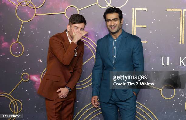 Barry Keoghan and Kumail Nanjiani attend the "Eternals" UK Premiere at the BFI IMAX Waterloo on October 27, 2021 in London, England.