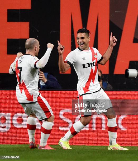 Radamel Falcao of Rayo Vallecano celebrates after opening the scoring during the LaLiga Santander match between Rayo Vallecano and FC Barcelona at...