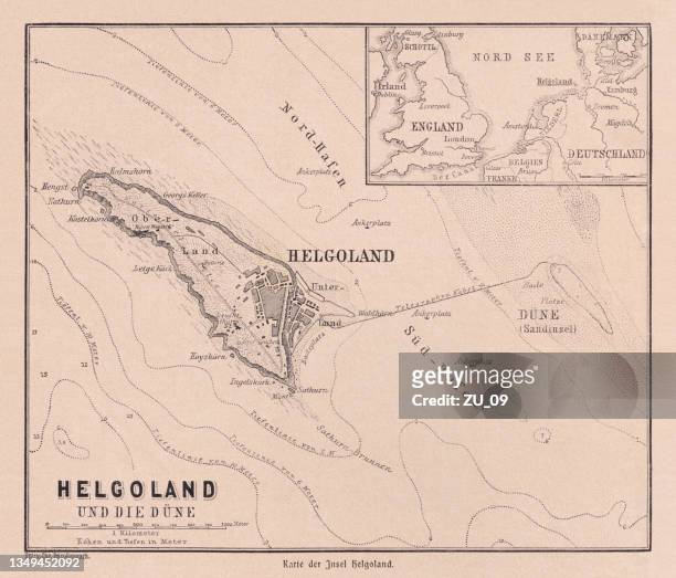 ilustrações, clipart, desenhos animados e ícones de mapa histórico de heligoland (alemão: helgoland), alemanha, xilogravura, publicado em 1900 - mar do norte