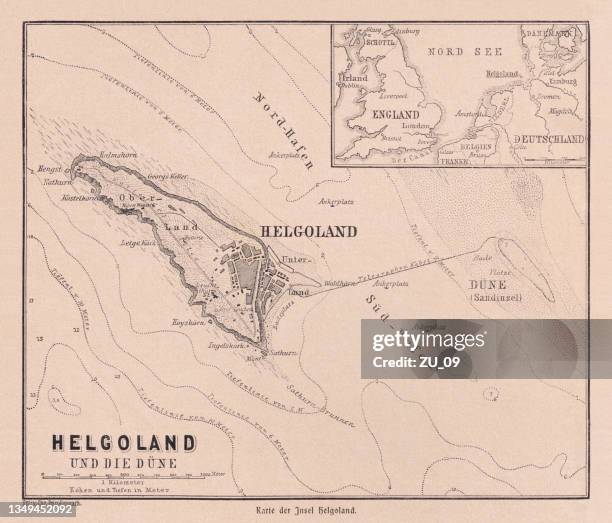 historical map of heligoland (german: helgoland), germany, woodcut, published 1900 - heligoland stock illustrations