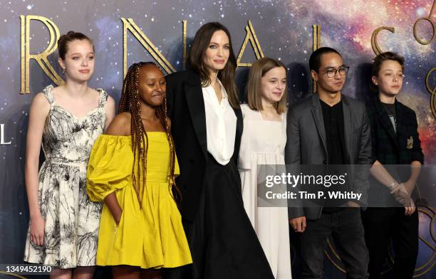 Shiloh Jolie-Pitt, Zahara Jolie-Pitt, Angelina Jolie, Vivienne Jolie-Pitt, Maddox Jolie-Pitt and Knox Jolie-Pitt attend the "Eternals" UK Premiere at...