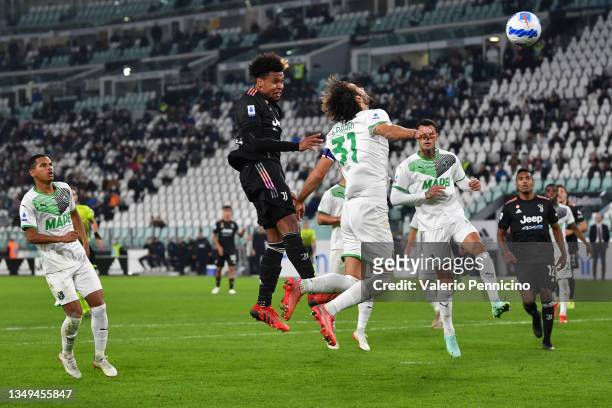 Weston McKennie of Juventus scores their side's first goal during the Serie A match between Juventus and US Sassuolo at Allianz Stadium on October...