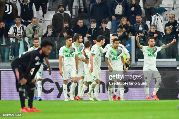 Maxime Lopez of US Sassuolo Calcio celebrates a goal during the Serie A match between Juventus and US Sassuolo at Allianz Stadium on October 27, 2021...