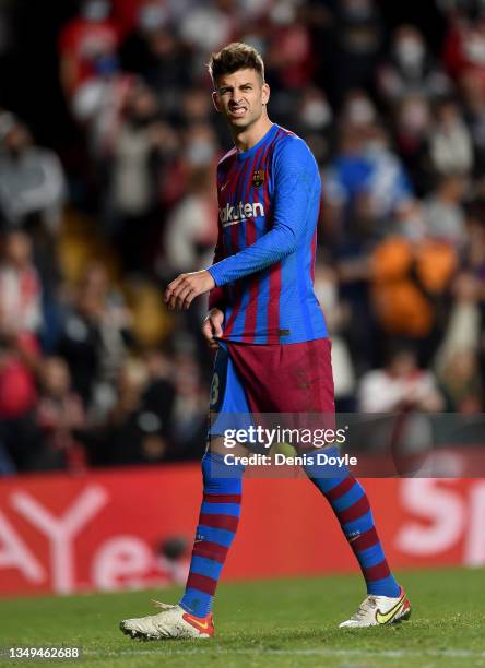 Gerard Piqué of Barcelona reacts during the LaLiga Santander match between Rayo Vallecano and FC Barcelona at Campo de Futbol de Vallecas on October...