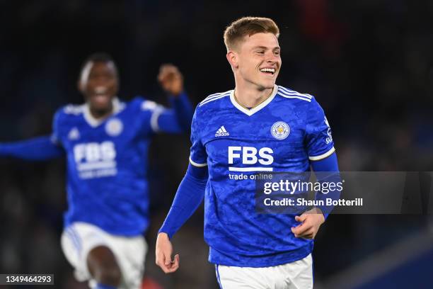 Harvey Barnes of Leicester City celebrates after scoring their team's first goal during the Carabao Cup Round of 16 match between Leicester City and...